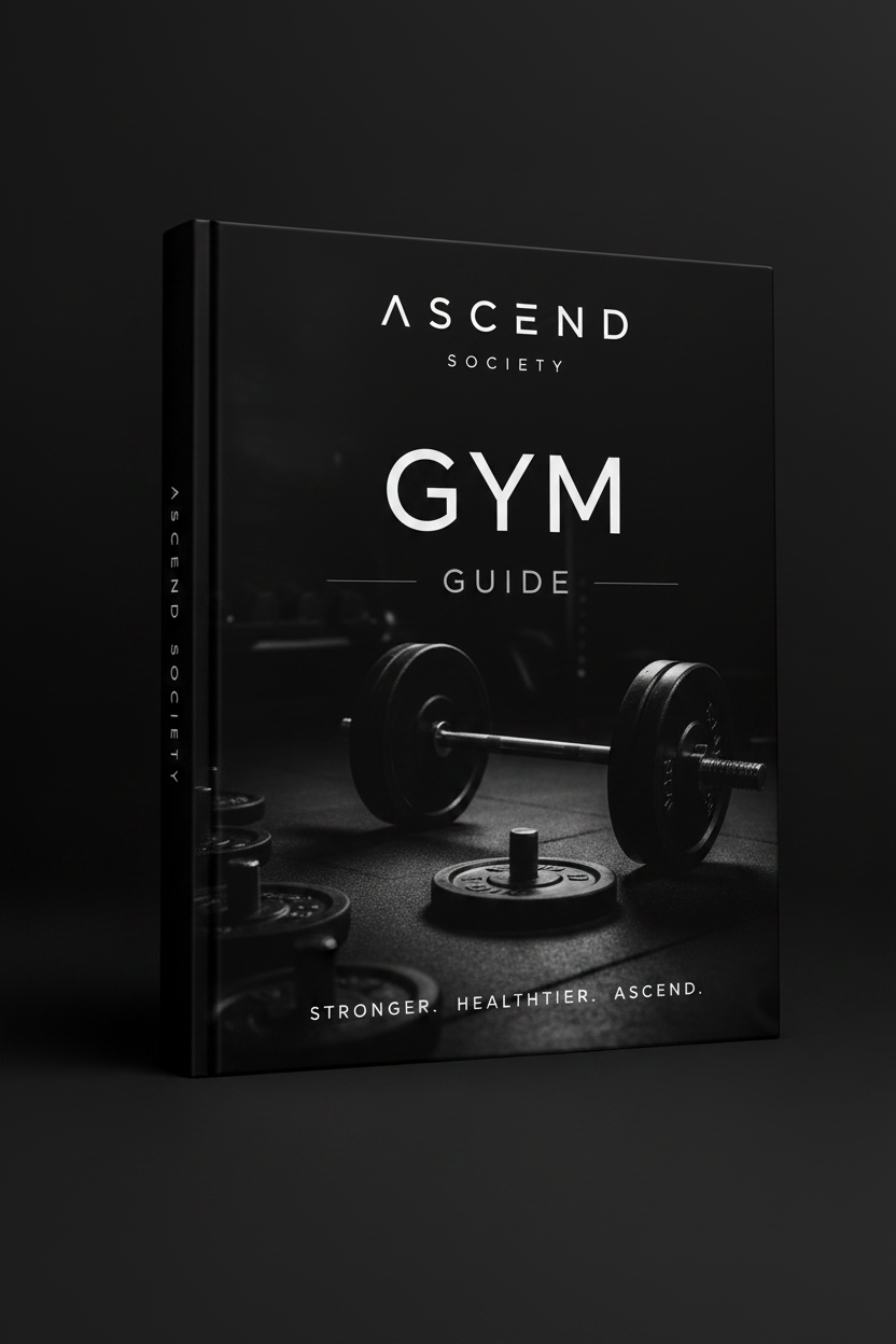Cover of THE ULTIMATE GYM GUIDE featuring weights, promoting strength training and fitness improvement.