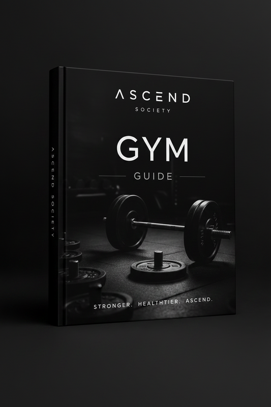 Cover of THE ULTIMATE GYM GUIDE featuring weights, promoting strength training and fitness improvement.