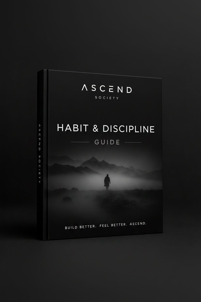 Cover of THE ULTIMATE HABIT AND DISCIPLINE GUIDE by ASCEND SOCIETY on a dark background.