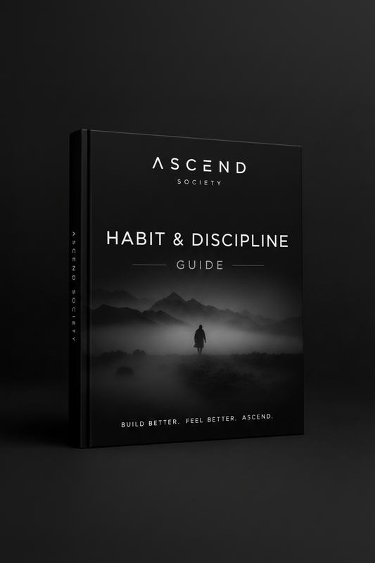Cover of THE ULTIMATE HABIT AND DISCIPLINE GUIDE by ASCEND SOCIETY on a dark background.