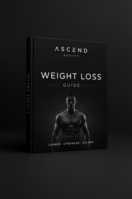 Book cover for THE ULTIMATE WEIGHT LOSS GUIDE featuring a muscular model against a black background.
